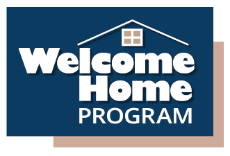 Logo that says Welcome Home Program in bold letters with an illustrated roof and window placed overtop the words to look like a house.