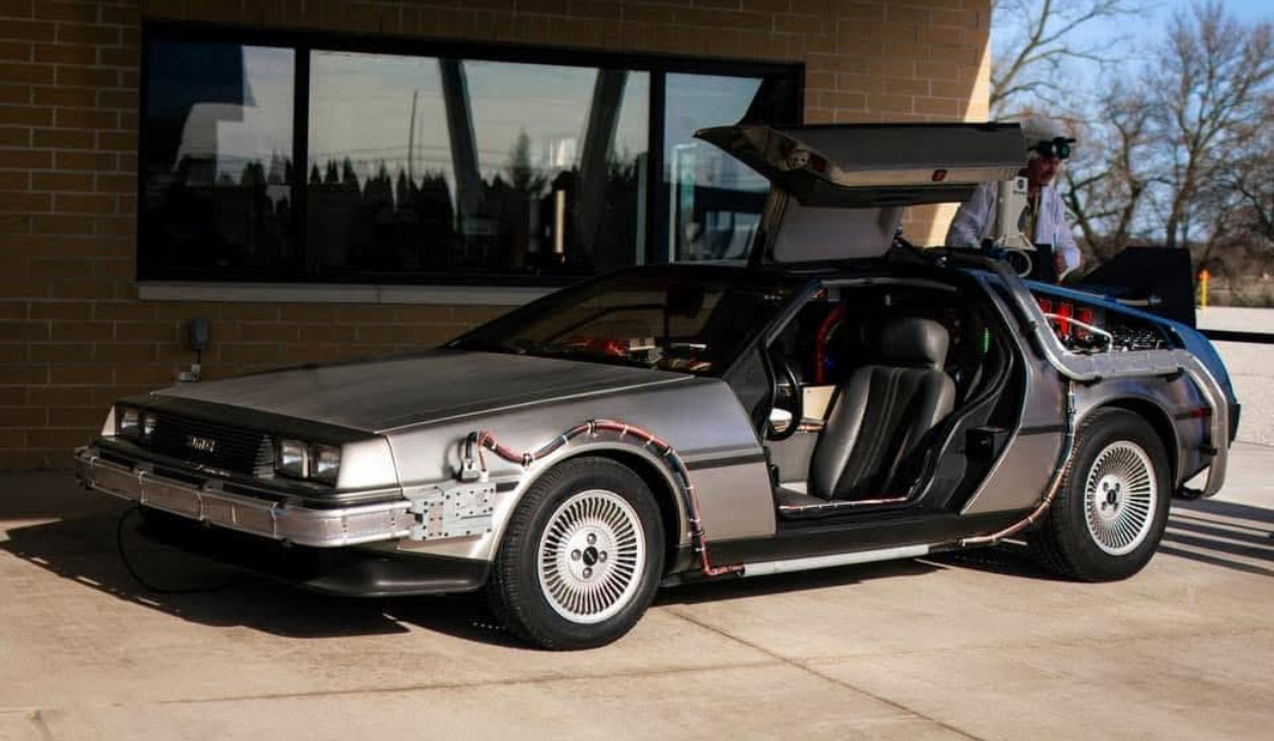 Gray Delorean with science fiction wires and attachments.